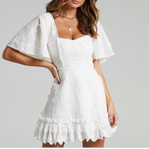 SHOWPO FANCY A SPRITZ SQUARE NECK MINI DRESS IN WHITE EMBROIDERY